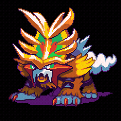 A Pixel Art Drawing Of A Monster With A Colorful Feathered Head GIF
