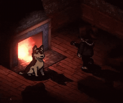 A Pixel Art Drawing Of A Person And A Dog In Front Of A Fireplace GIF