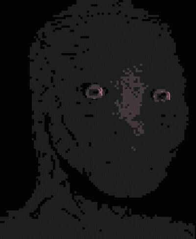 A Pixel Art Drawing Of A Person 'S Face With Purple Eyes GIF