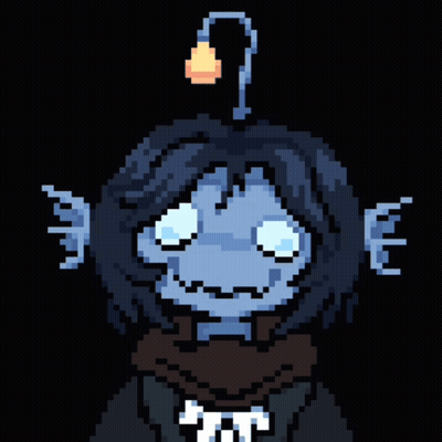 A Pixel Art Drawing Of A Person With A Light On Their Head And A Scarf Around Their Neck GIF