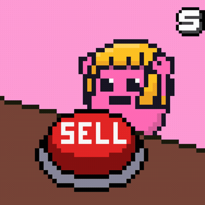 A Pixel Art Drawing Of A Piggy Pressing A Red Sell Button GIF