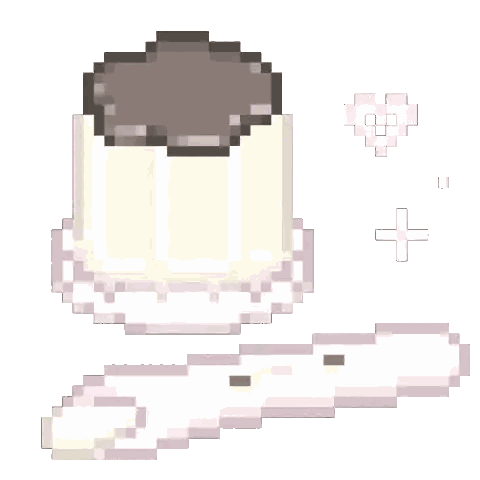 A Pixel Art Drawing Of A Pudding With A Heart And A Plus Sign Sticker