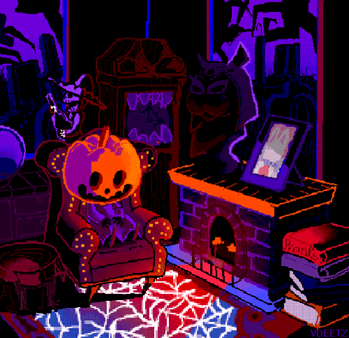 A Pixel Art Drawing Of A Pumpkin Sitting In A Chair Next To A Fireplace GIF