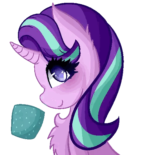 A Pixel Art Drawing Of A Purple And Blue Pony With A Cup Sticker