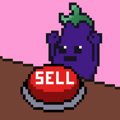 A Pixel Art Drawing Of A Purple Eggplant Next To A Red Button That Says Sell GIF