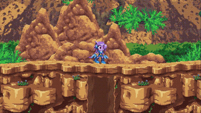 A Pixel Art Drawing Of A Purple Robot Standing On A Rocky Cliff GIF