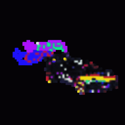 A Pixel Art Drawing Of A Rainbow Colored Squid On A Black Background GIF