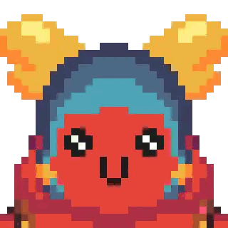 A Pixel Art Drawing Of A Red Monster With A Blue Head Sticker