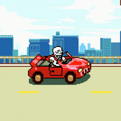 A Pixel Art Drawing Of A Skeleton In A Red Car GIF