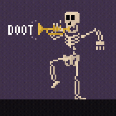 A Pixel Art Drawing Of A Skeleton Playing A Trumpet With The Word Doot Written On It GIF