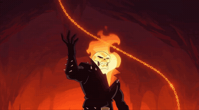 A Pixel Art Drawing Of A Skeleton With Flames Coming Out Of Its Head GIF