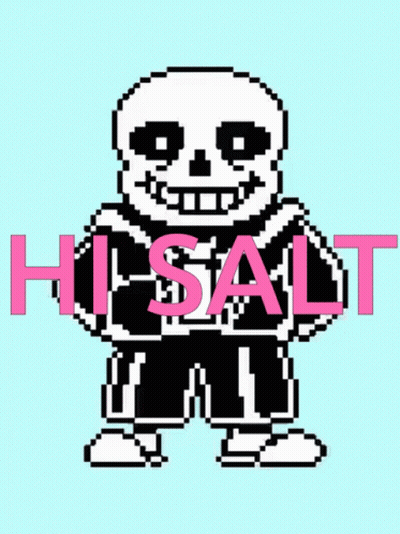 A Pixel Art Drawing Of A Skeleton With The Word Hi-Salt In Pink Letters GIF