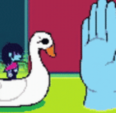 A Pixel Art Drawing Of A Swan And A Blue Hand . GIF