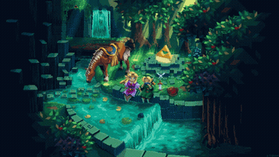 A Pixel Art Drawing Of A Waterfall With A Triangle In The Background GIF