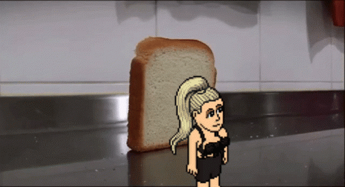 A Pixel Art Drawing Of A Woman Standing Next To A Loaf Of Bread GIF