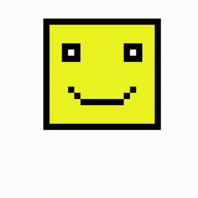 A Pixel Art Drawing Of A Yellow Square Smiley Face With Black Squares Around It . GIF