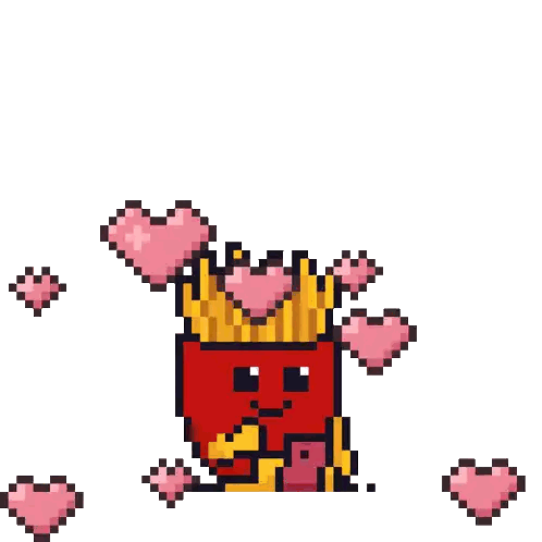 A Pixel Art Drawing Of French Fries With Hearts Around It Sticker