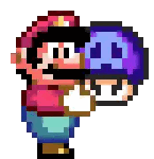 A Pixel Art Drawing Of Mario Holding A Purple Mushroom Sticker