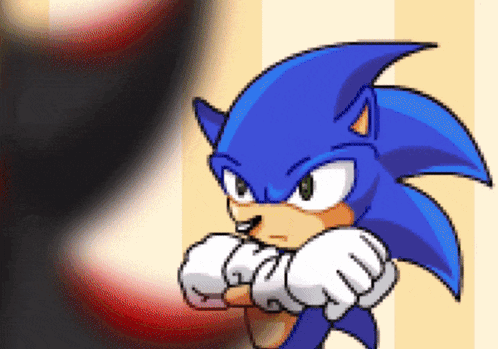 A Pixel Art Drawing Of Sonic The Hedgehog Standing In Front Of A Shadow GIF