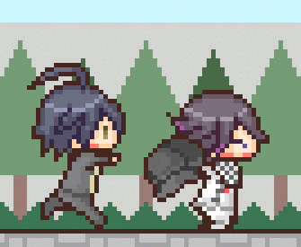 A Pixel Art Drawing Of Two Anime Characters Running On A Sidewalk GIF