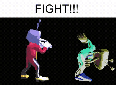 A Pixel Art Drawing Of Two Cartoon Characters With The Words Fight !!! Above Them GIF