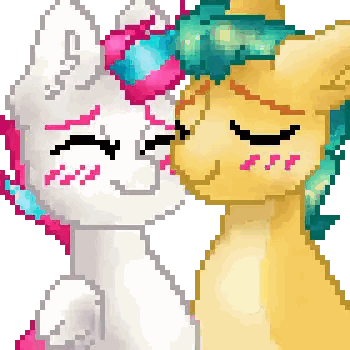 A Pixel Art Drawing Of Two Ponies Kissing With Their Eyes Closed Sticker