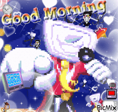 A Pixel Art Greeting Card That Says Good Morning On It GIF
