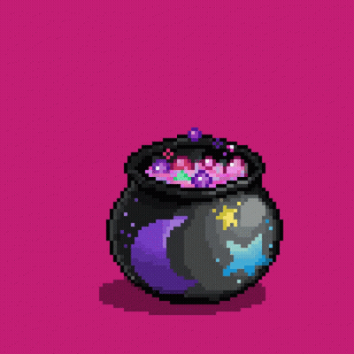A Pixel Art Illustration Of A Cauldron With A Crescent Moon And Star On It GIF