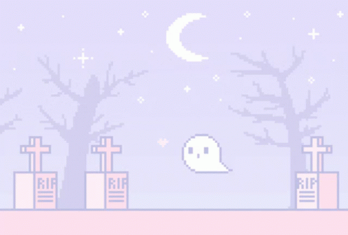 A Pixel Art Illustration Of A Cemetery With A Ghost And Trees GIF