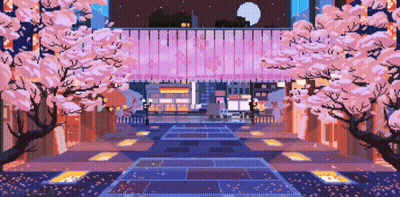 A Pixel Art Illustration Of A City At Night With Cherry Blossom Trees GIF