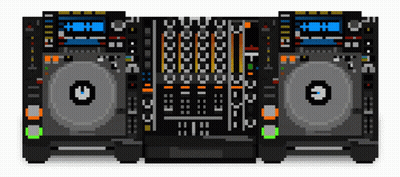 A Pixel Art Illustration Of A Dj Mixer And Two Cd Players GIF