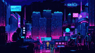 A Pixel Art Illustration Of A Futuristic City With A Sign That Says Next GIF