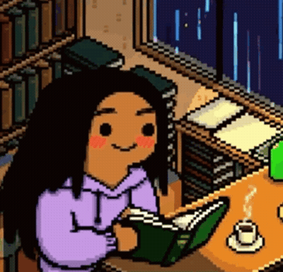 A Pixel Art Illustration Of A Girl Reading A Book . GIF