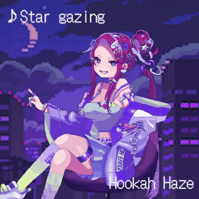 A Pixel Art Illustration Of A Girl Sitting In A Chair With Hookah Haze Written Below Her GIF