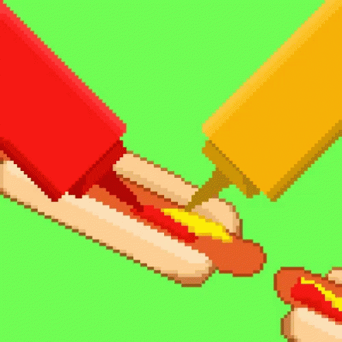 A Pixel Art Illustration Of A Hot Dog With Ketchup And Mustard GIF