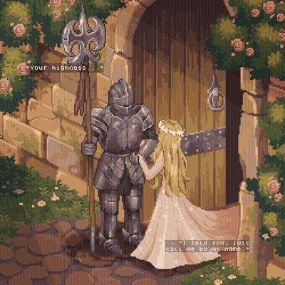 A Pixel Art Illustration Of A Knight And A Princess With The Caption " Your Highness " GIF