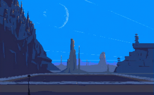 A Pixel Art Illustration Of A Man Standing In Front Of A Castle GIF