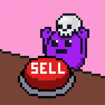 A Pixel Art Illustration Of A Purple Ghost With A Skull And A Red Sell Button GIF