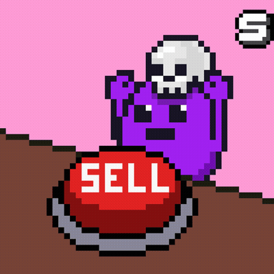 A Pixel Art Illustration Of A Purple Monster With A Skull And A Red Sell Button GIF