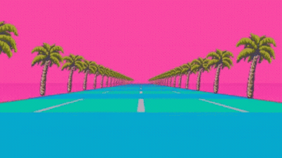 A Pixel Art Illustration Of A Road With Palm Trees On Both Sides . GIF