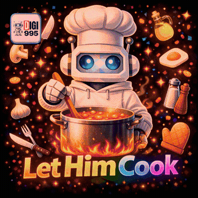 A Pixel Art Illustration Of A Robot Cooking With The Words Let Him Cook Below Him GIF