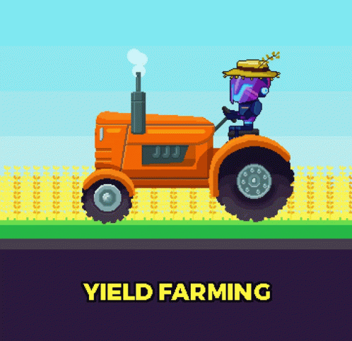 A Pixel Art Illustration Of A Robot Driving A Tractor With The Words Yield Farming Below It GIF