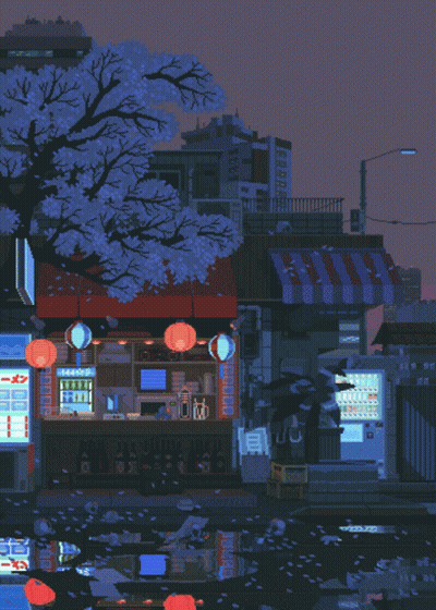 A Pixel Art Illustration Of A Store With A Sign That Says ' Ramen ' On It GIF