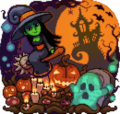 A Pixel Art Illustration Of A Witch On A Broom Surrounded By Pumpkins And Candles GIF