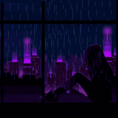 A Pixel Art Illustration Of A Woman Sitting In Front Of A Window Looking Out At A City At Night . GIF