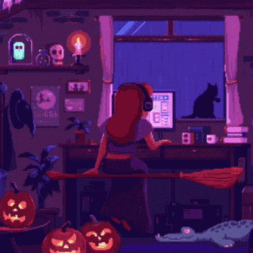 A Pixel Art Illustration Of A Woman Sitting On A Broom In Front Of A Computer With A Sign On The Wall That Says Free GIF