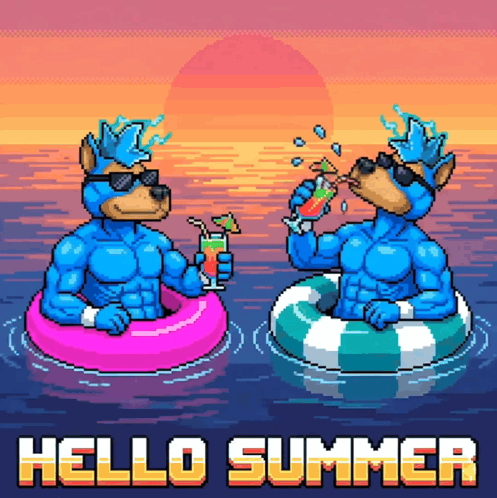 A Pixel Art Illustration Of Two Otters Drinking Cocktails In The Water GIF