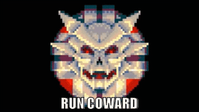 A Pixel Art Image Of A Skull With The Words Run Coward Below It GIF