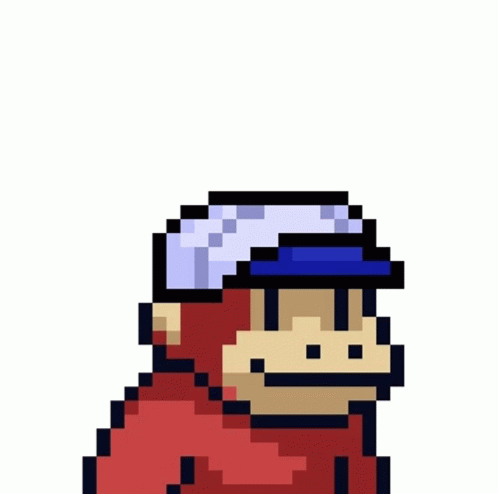 A Pixel Art Monkey Wearing A Blue Hat And A Red Hoodie . GIF