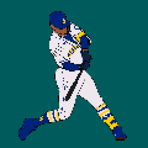A Pixel Art Of A Baseball Player Swinging A Bat On A Red Background GIF